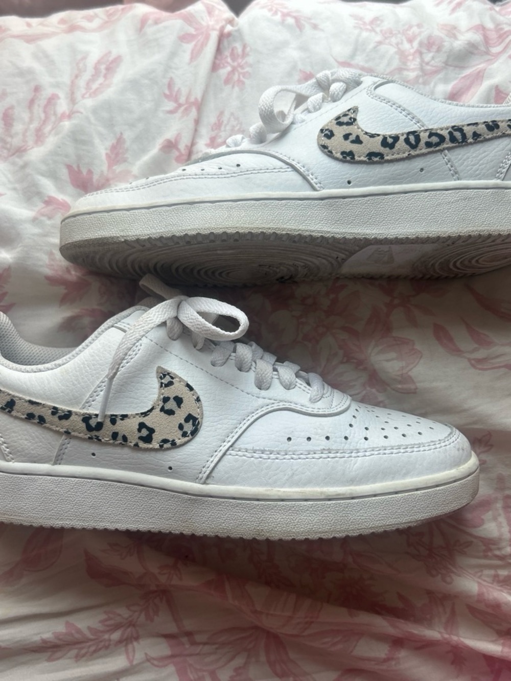 Nike White Low-Top Sneakers with Leopard Swoosh